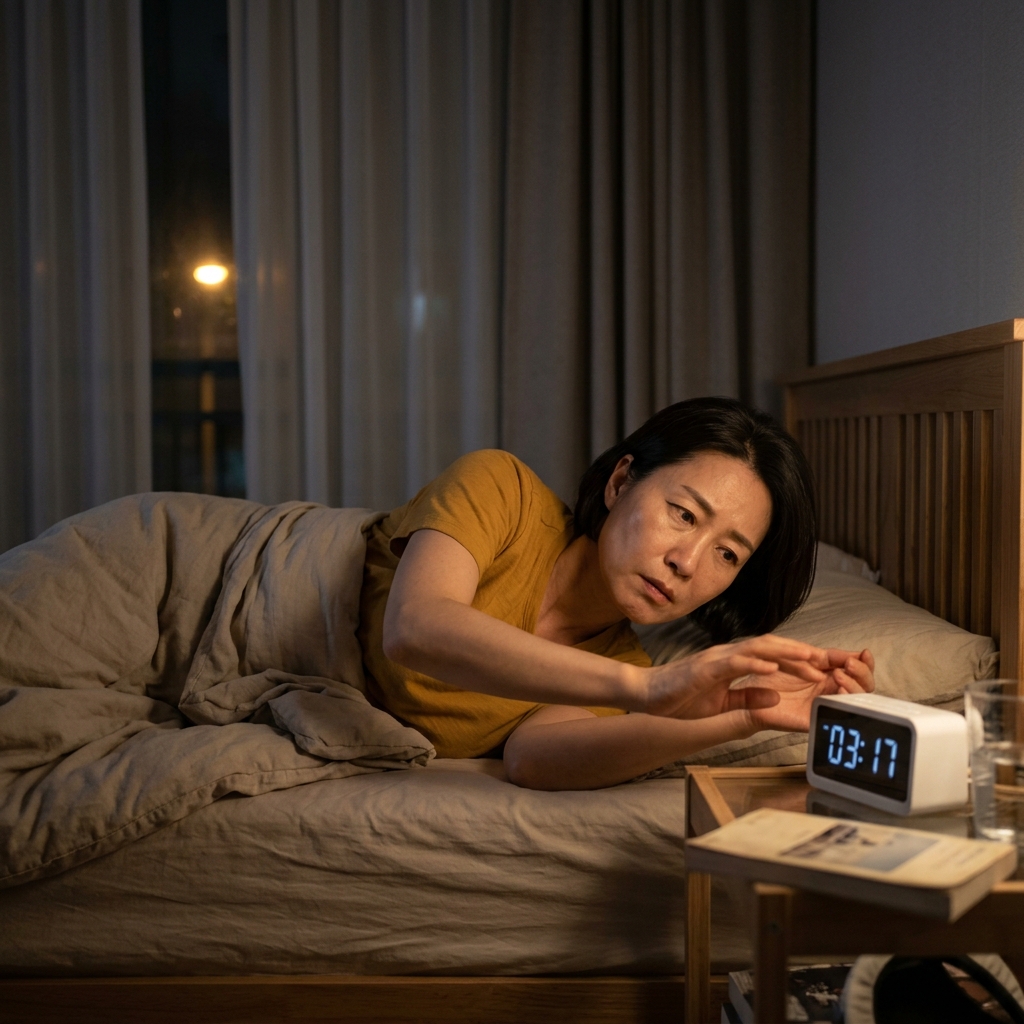 침대에 누워 잠들려 하지만 밤새 뒤척이며 시계를 확인하는 50대 중반 남성의 모습, 어두운 침실 내부 장면