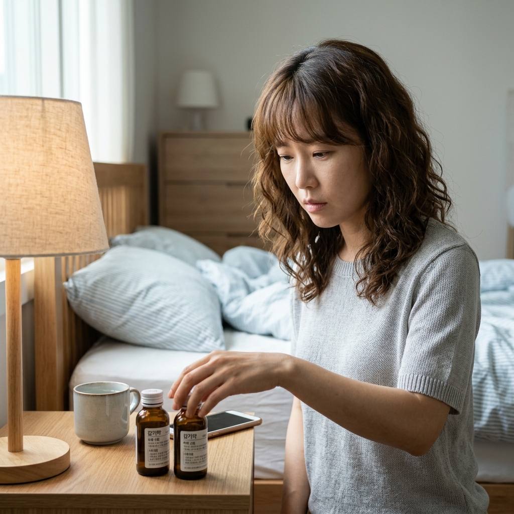 침실 침대 옆 협탁에 약병 두 개가 놓여 있고, 한 손이 약병 라벨을 확인하며 고민하는 모습
