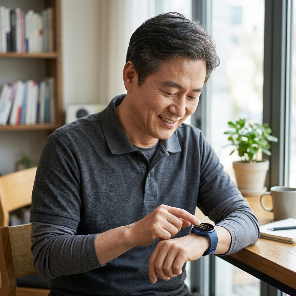 손목에 스마트워치를 착용하고 건강 데이터를 확인하는 50대 성인의 모습, 실내 조명 아래 편안한 표정