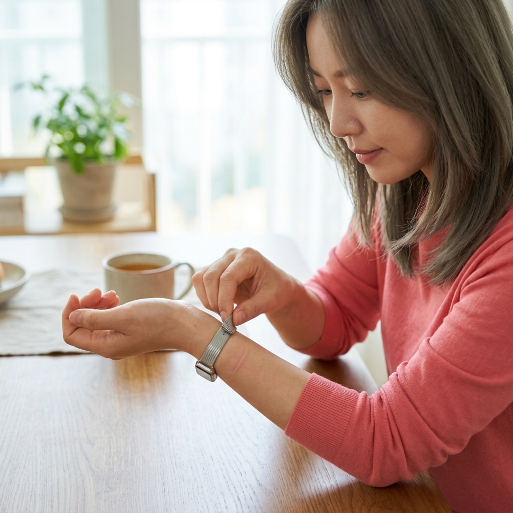 스마트워치 밴드를 느슨하게 조절하고 손목 피부 상태를 확인하는 40대 성인의 손, 자연광 아래 밝은 실내
