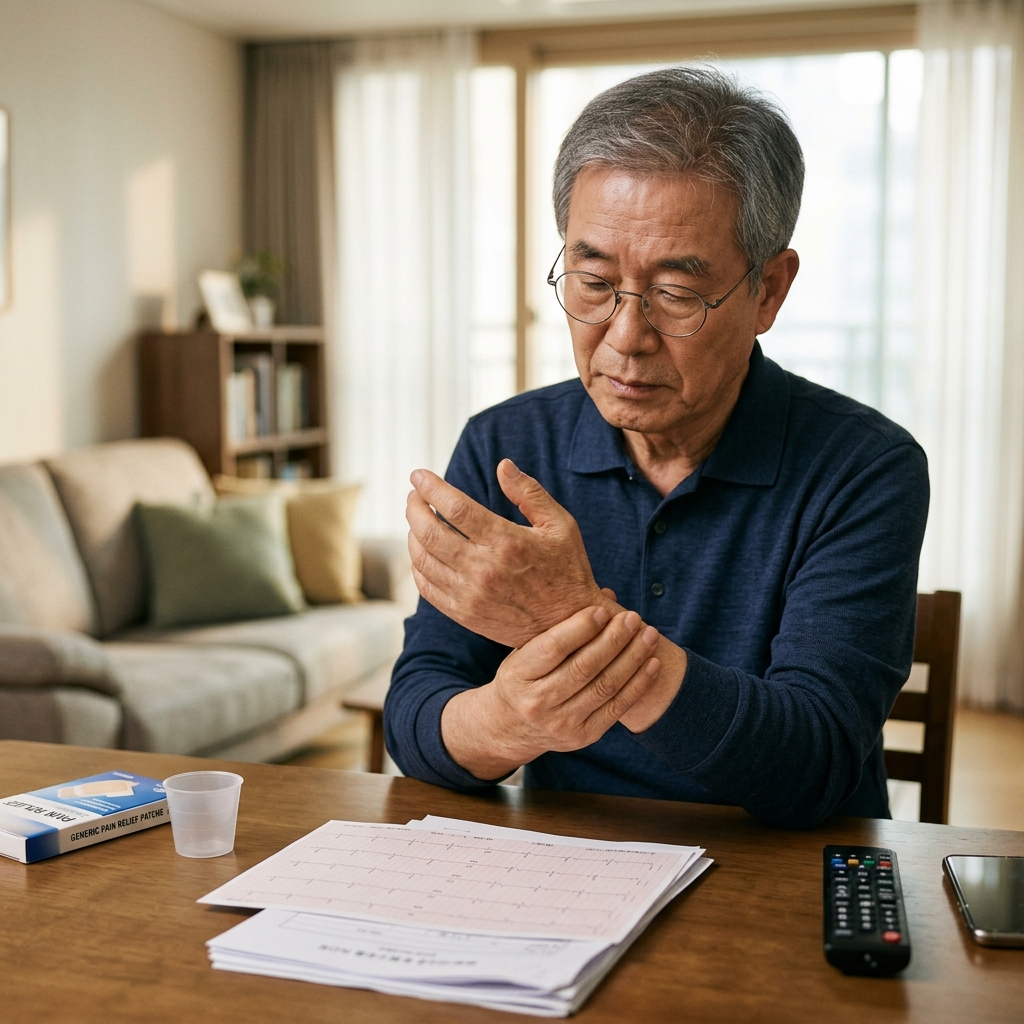 손목을 감싸 쥐고 저림을 호소하는 70대 남성의 손, 실내 조명 아래 탁자 위에 놓인 심전도 검사 용지가 함께 보임