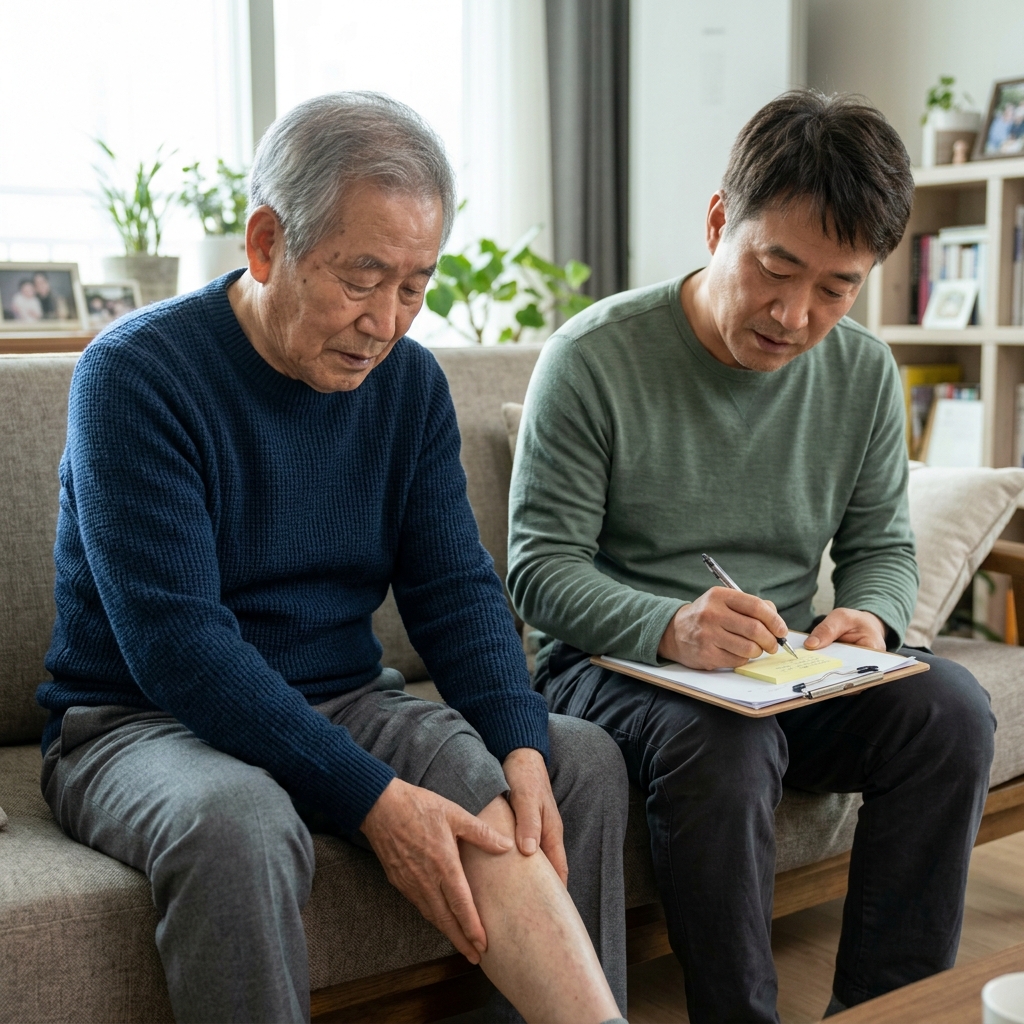 90대 남성이 거실 소파에 앉아 다리를 주무르고 있고, 옆에서 중년 아들이 메모지에 증상을 적고 있는 장면, 실내, 긴팔 옷차림