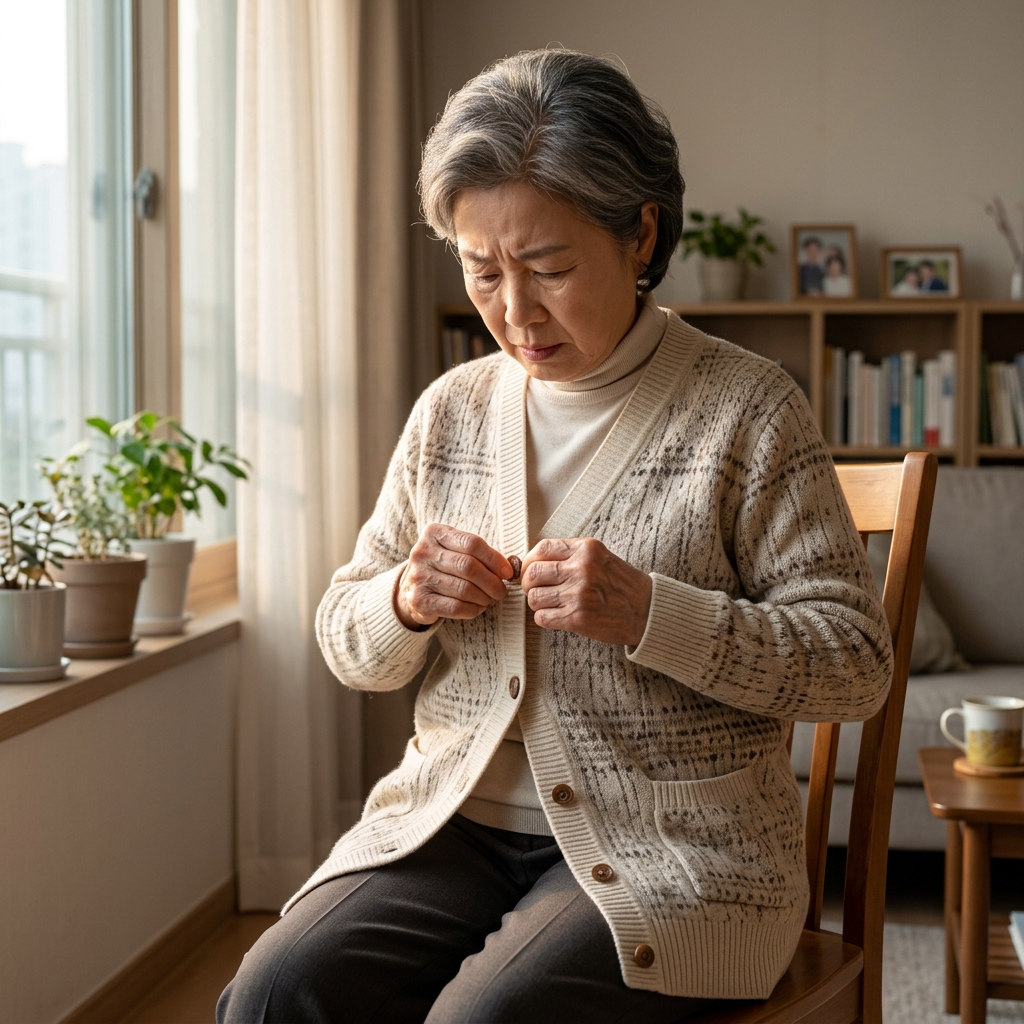 70대 여성이 거실에서 한쪽 손으로 단추를 잠그려 하지만 손가락이 뻣뻣하고 의도한 대로 움직이지 않아 어려움을 겪는 장면, 옅은 햇살이 비치는 실내 배경, 긴 소매 옷차림