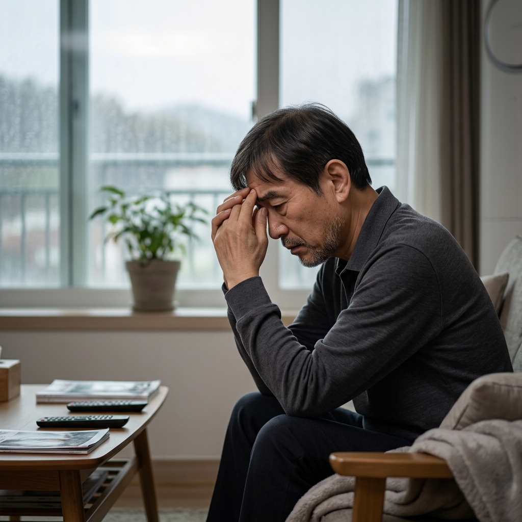 긴소매 차림의 70대 남성이 거실 소파에 앉아 양손으로 이마를 짚고 있는 모습, 창밖 흐린 빛