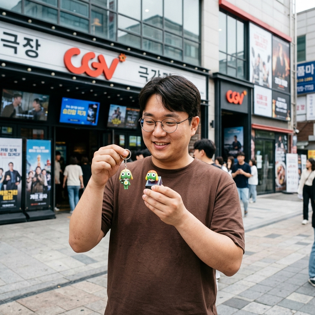 CGV 극장 앞에서 케로로 키링과 키캡을 들고 있는 팬의 모습