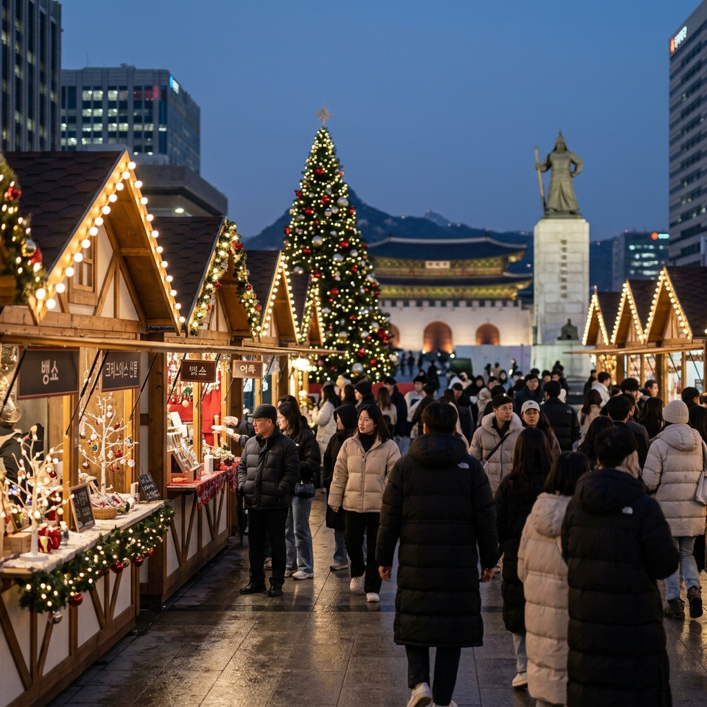 광화문광장 크리스마스 마켓의 유럽풍 부스와 조명이 켜진 저녁 풍경