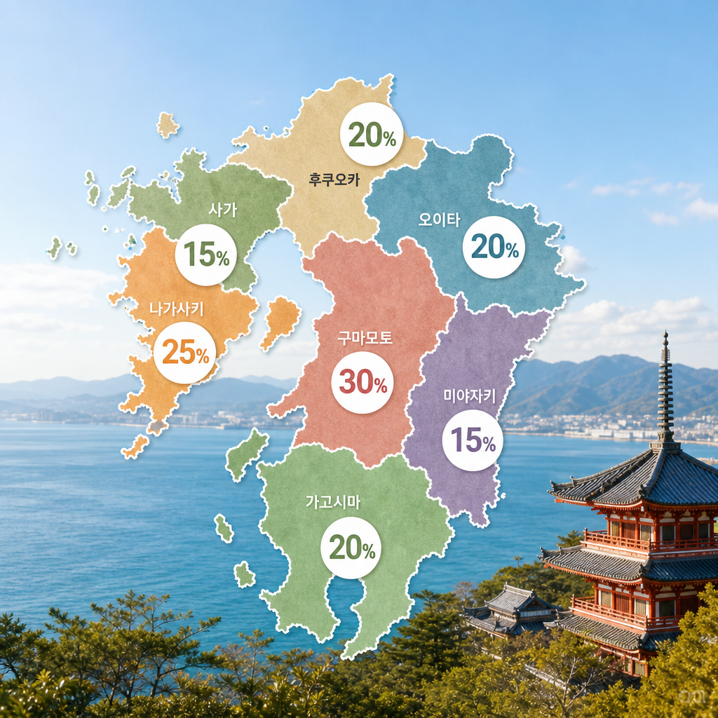 규슈 7개 현 지도와 지역별 할인율 표시