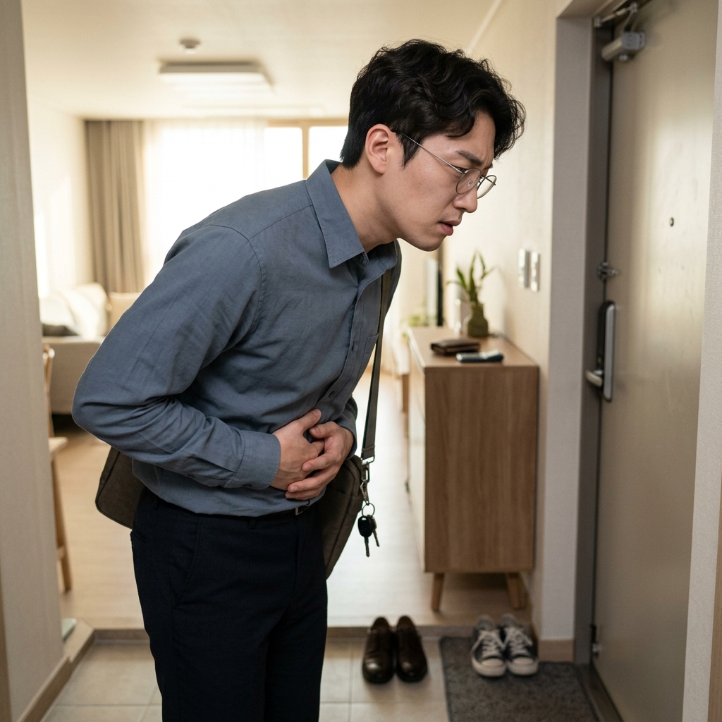 출근 준비 중 배를 움켜쥔 채 불안한 표정을 짓고 있는 20대 후반 직장인의 모습