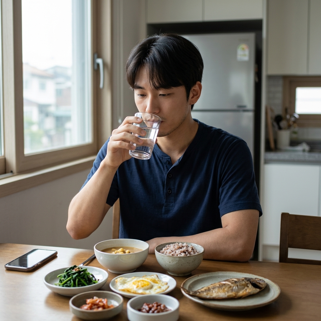 식탁 앞에 앉아 아침 식사를 천천히 하며 물을 마시는 직장인의 차분한 아침 풍경