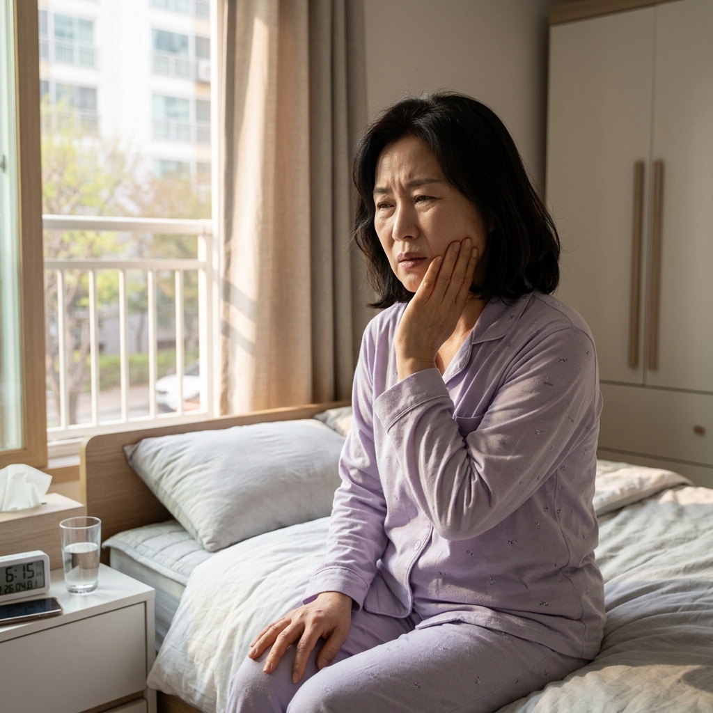 50대 중반 여성이 아침에 침대에서 일어나 손으로 턱 주변을 감싸며 뻐근한 표정을 짓고 있는 장면, 창밖으로 아침 햇살이 은은하게 들어오고 긴 소매 잠옷을 입고 있다