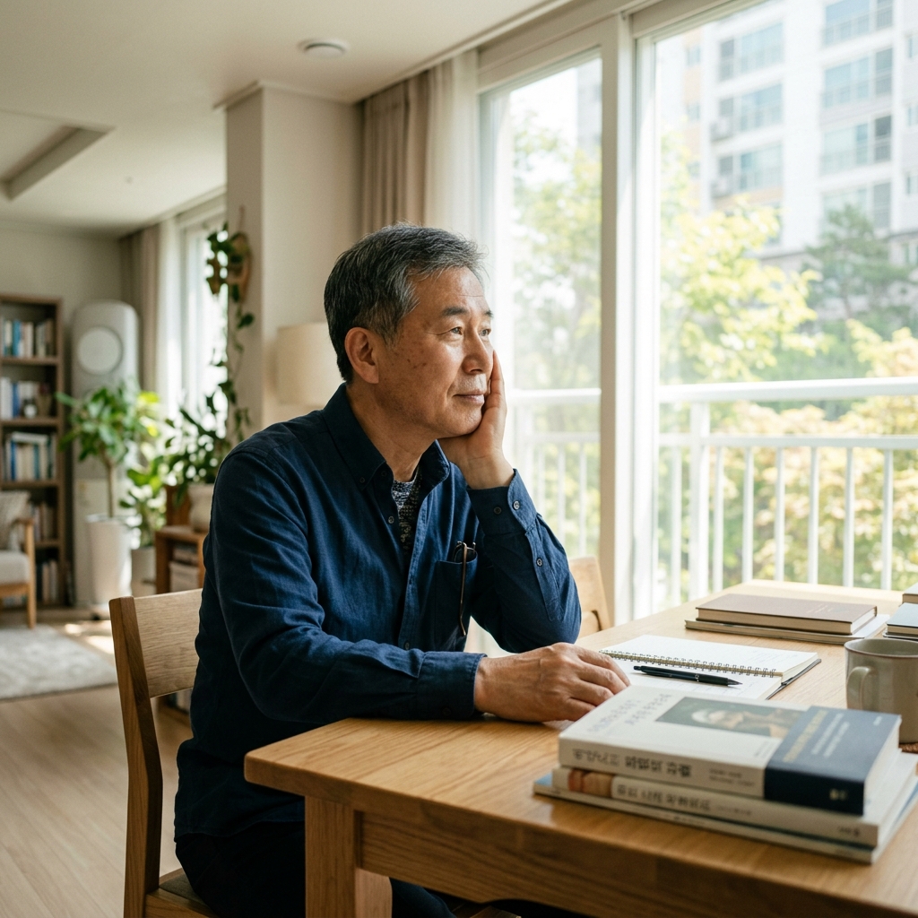 60대 남성이 낮 시간 실내에서 책상에 앉아 한 손으로 턱을 괴고 있는 모습, 긴팔 셔츠를 입고 있으며 창밖으로 환한 자연광이 들어온다