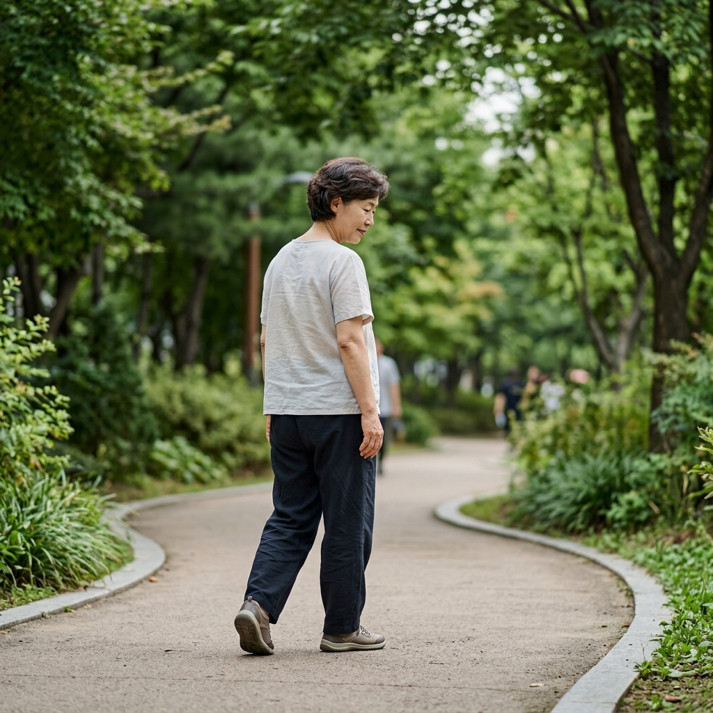 공원 산책로를 느린 속도로 걷는 60대 여성, 얇은 반팔 블라우스 차림