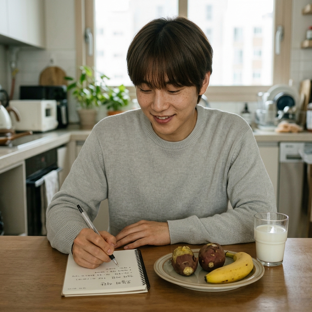 식탁 위에 놓인 우유 한 잔과 바나나, 고구마가 담긴 접시를 보며 메모하는 손