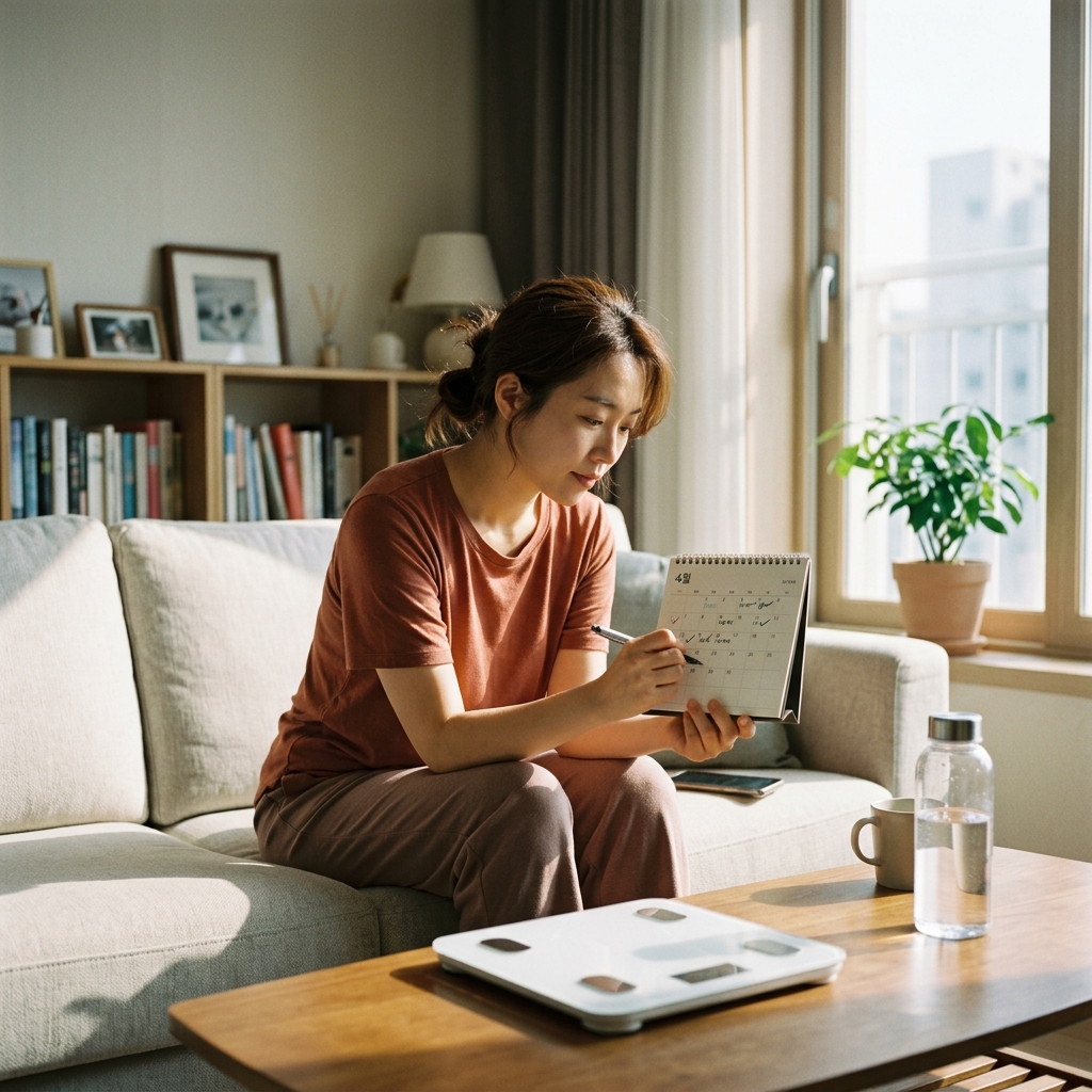 30대 여성이 거실 소파에 앉아 달력을 보며 생리 기록을 확인하는 모습, 창밖으로 봄 햇살이 들어오고 테이블 위에 체중계와 물병이 놓여 있다