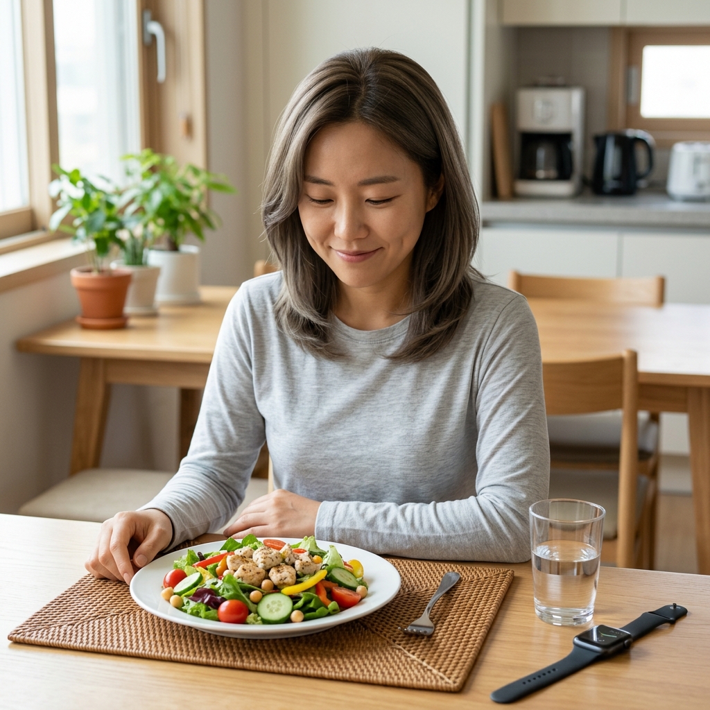 흰색 접시에 샐러드와 작은 닭가슴살 한 조각이 놓여 있고, 옆에 물잔과 스마트워치가 보이는 식탁 위 장면, 얇은 긴팔 옷차림
