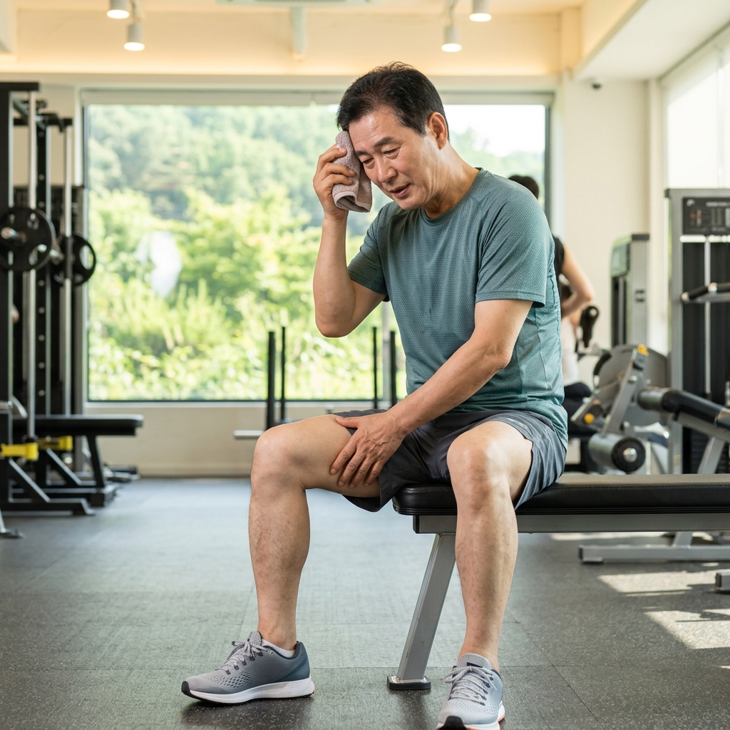 운동복 차림의 60대 남성이 헬스장 벤치에 앉아 땀을 닦으며 허벅지를 손으로 누르고 있는 모습, 실내 조명이 밝고 창밖으로 여름 녹음이 보인다