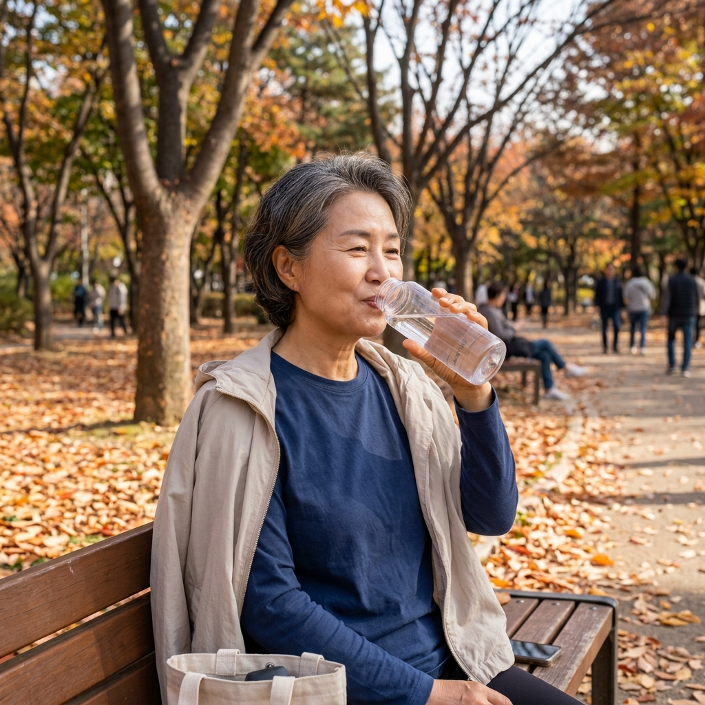 가을 날씨에 공원을 걷던 60대 여성이 벤치에 앉아 겉옷을 걸치고 물병을 마시는 장면, 주변에 떨어진 낙엽과 긴팔 티셔츠 차림