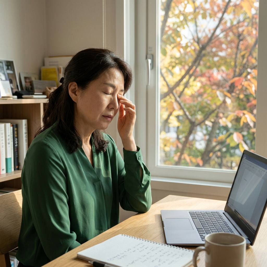 50대 여성이 실내에서 책상 앞에 앉아 한 손으로 눈꺼풀을 가볍게 눌러 피로감을 느끼는 모습, 창밖으로 가을 나뭇가지가 보이고 긴소매 블라우스를 입고 있음