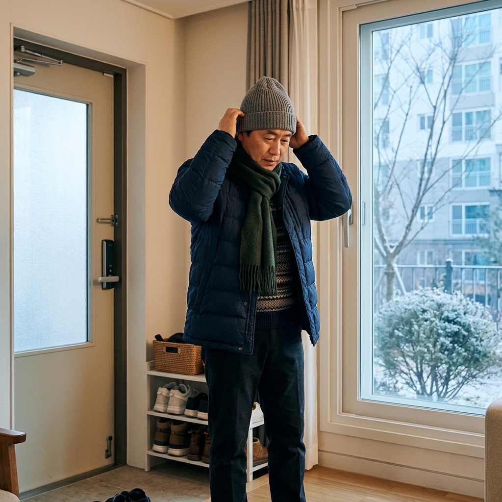 50대 후반 남성이 현관에서 외출 전 목도리와 모자를 착용하고 있는 장면, 실내는 따뜻하고 창밖은 겨울 나뭇가지가 보이는 아침 풍경