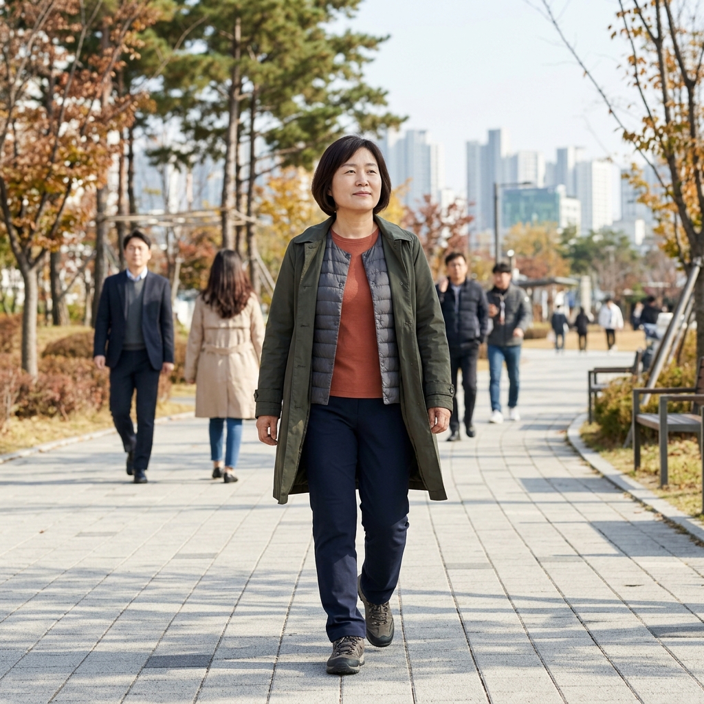 점심시간 야외에서 햇빛을 쬐며 걷고 있는 중장년 남성의 모습, 얇은 겨울 코트 차림