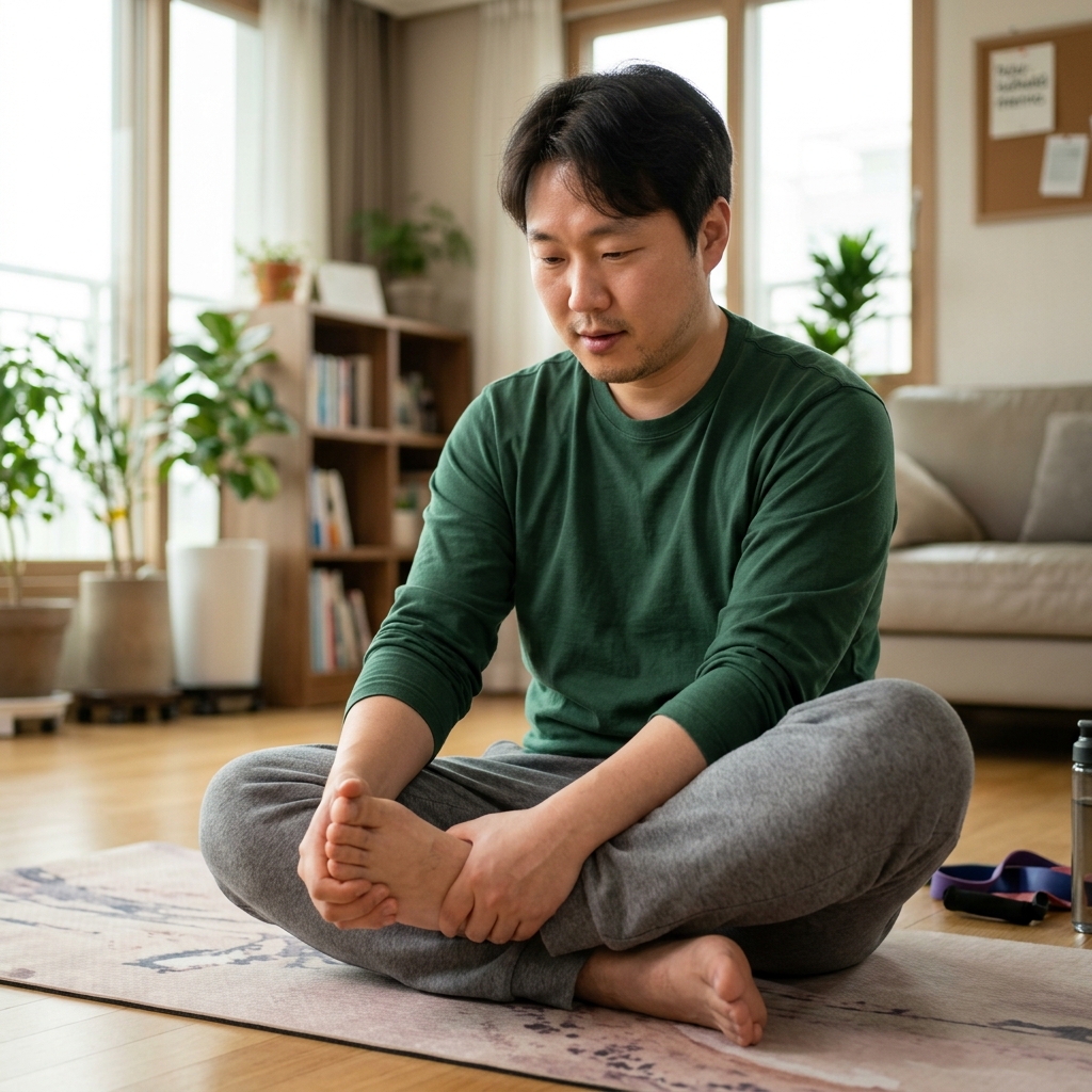 따뜻한 실내에서 얇은 긴팔 티셔츠 차림의 60대 중반 여성이 거실 매트 위에 앉아 발목을 천천히 돌리며 준비운동을 하는 장면