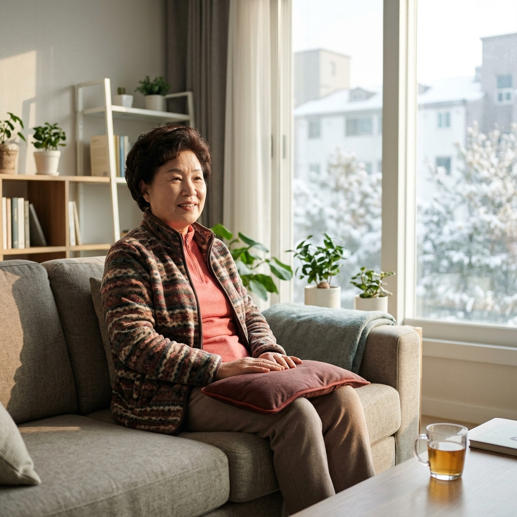 거실 소파에 앉아 무릎에 따뜻한 찜질팩을 올려놓고 있는 70대 여성, 창밖으로 겨울 햇살이 들어오는 실내