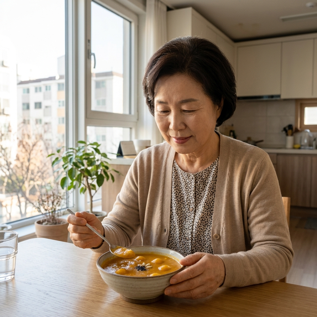 70대 어르신이 따뜻한 단호박죽을 앞에 두고 숟가락을 든 모습, 얇은 베이지색 가디건 착용, 창밖으로 겨울 햇살