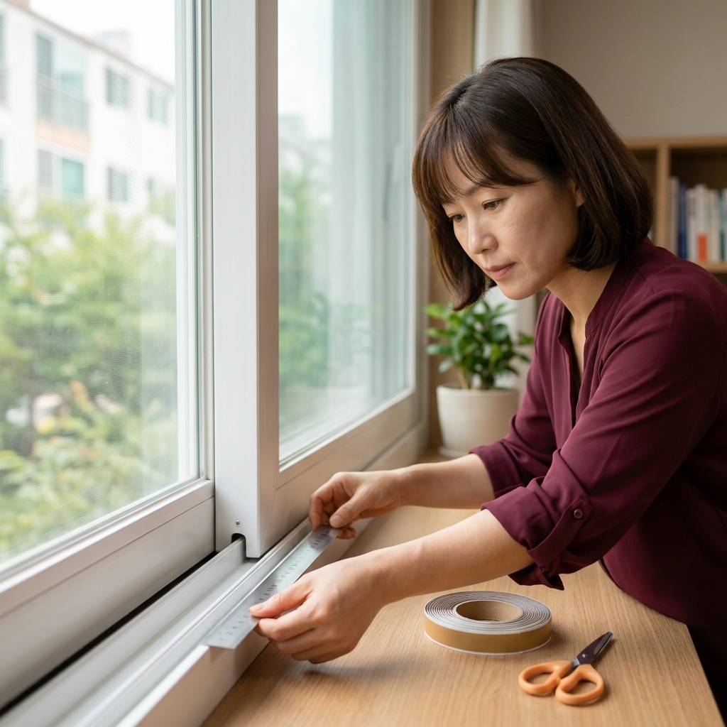 창틀 하단 레일에 풍지판을 자로 재며 부착 준비 중인 20대 여성의 손, 옆에 놓인 문풍지 롤과 가위