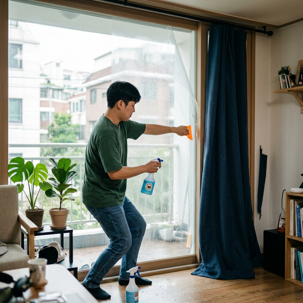 창문 유리 전체에 투명 단열 필름을 물 분무기로 적시며 부착 중인 20대 남성, 창가에 암막 커튼이 절반쯤 걸려 있는 모습