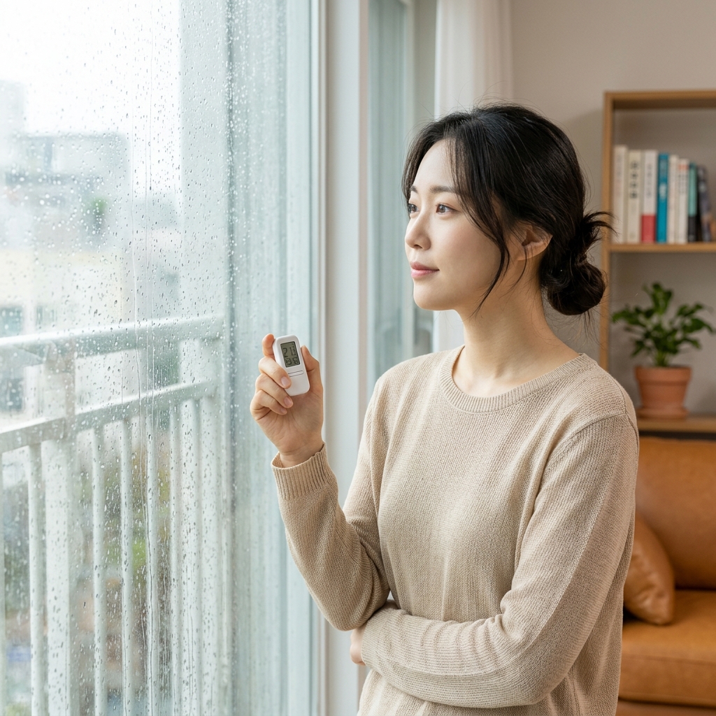 창가에 물방울이 맺힌 창문을 바라보는 얇은 니트 차림의 20대 여성, 실내 온도계를 손에 들고 있다
