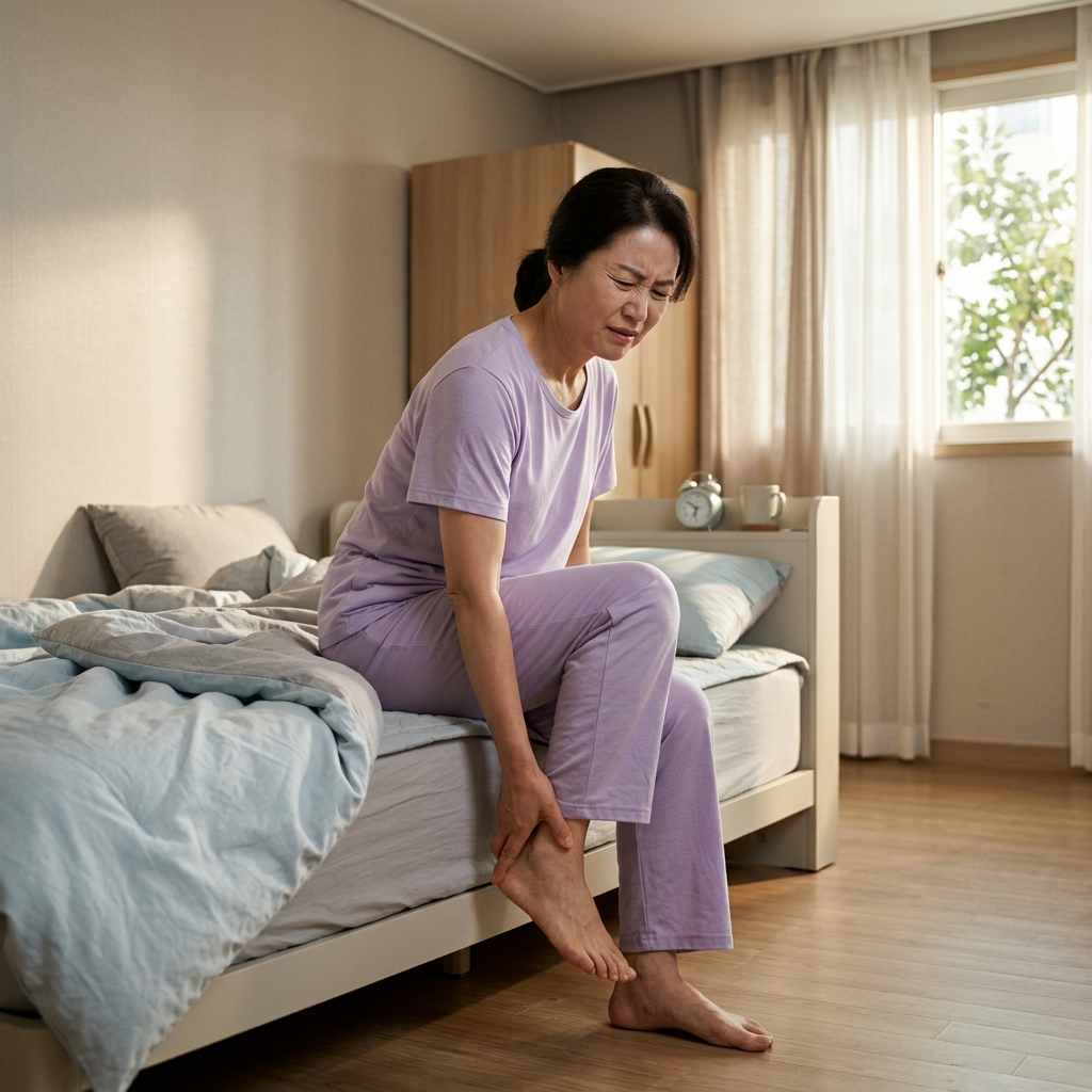 50대 여성이 침대에서 일어나 첫발을 디디려는 순간 발뒤꿈치를 감싸 쥐며 미간을 찌푸리는 모습, 얇은 반팔 잠옷 착용, 아침 햇살이 창으로 들어오는 침실 배경