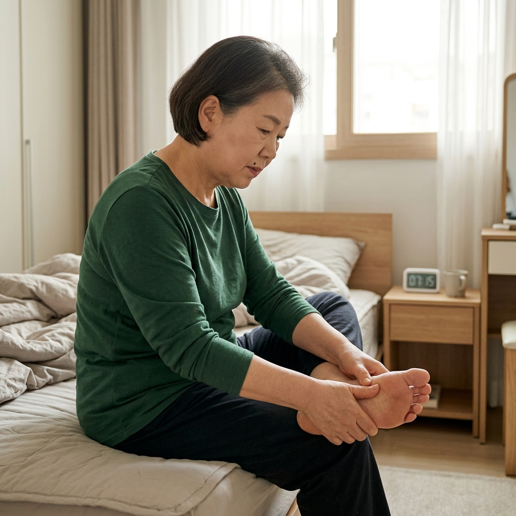 70대 여성이 침대 가장자리에 앉아 맨발로 발바닥을 손으로 가볍게 누르며 마사지하는 아침 실내 장면