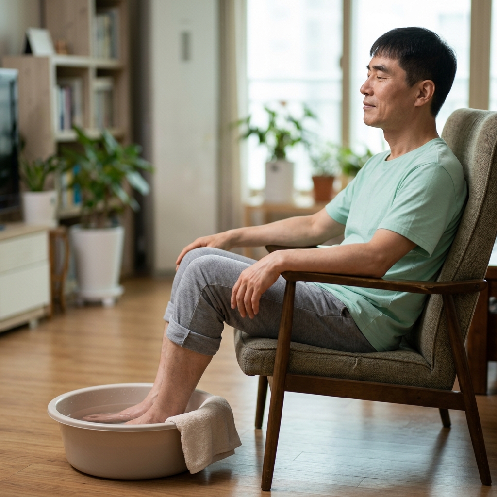 의자에 앉아 양발을 미지근한 물이 담긴 대야에 담그고 편안한 표情으로 족욕을 하고 있는 70대 여성