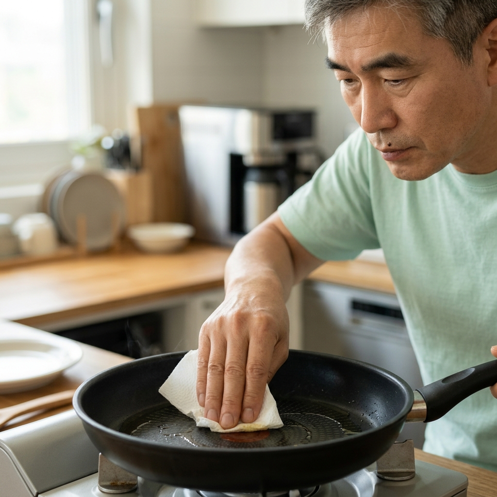 조리 직후 키친타월로 팬 표면의 기름을 닦아내는 손 클로즈업 장면