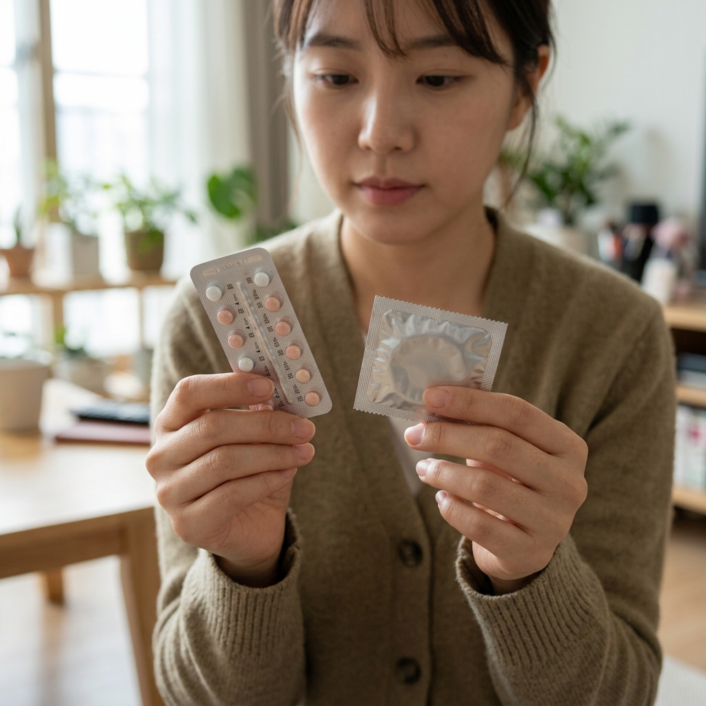 손에 든 경구피임약 팩과 콘돔을 나란히 확인하는 여성의 손