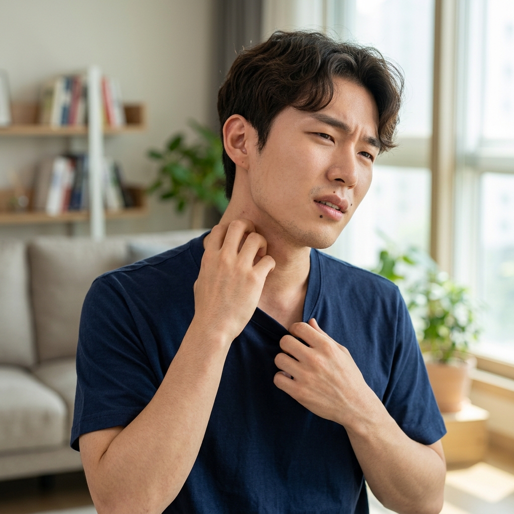 새 옷을 입고 목 부위를 긁으며 불편해하는 30대 성인의 클로즈업, 실내 자연광, 반소매 티셔츠
