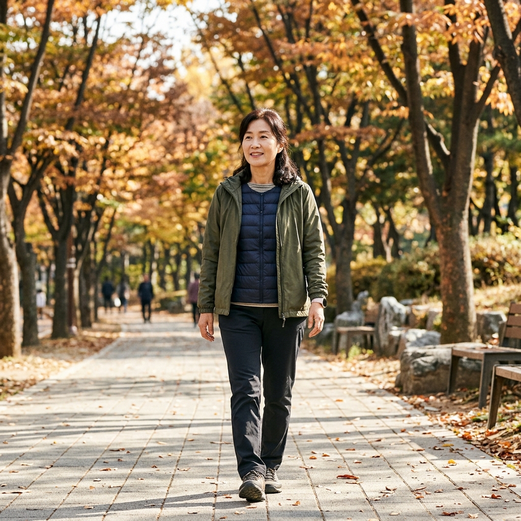 가을 햇살 아래 얇은 긴팔 위에 경량 니트와 방풍 재킷을 겹쳐 입은 50대 남성이 공원을 걷는 모습