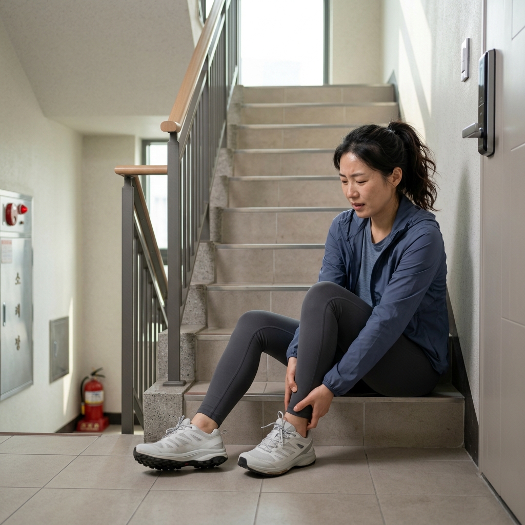30대 여성이 실내 계단에서 발을 헛디뎌 발목을 감싸 쥐고 앉아 있는 모습, 계단 난간과 평평한 바닥이 보이는 장면