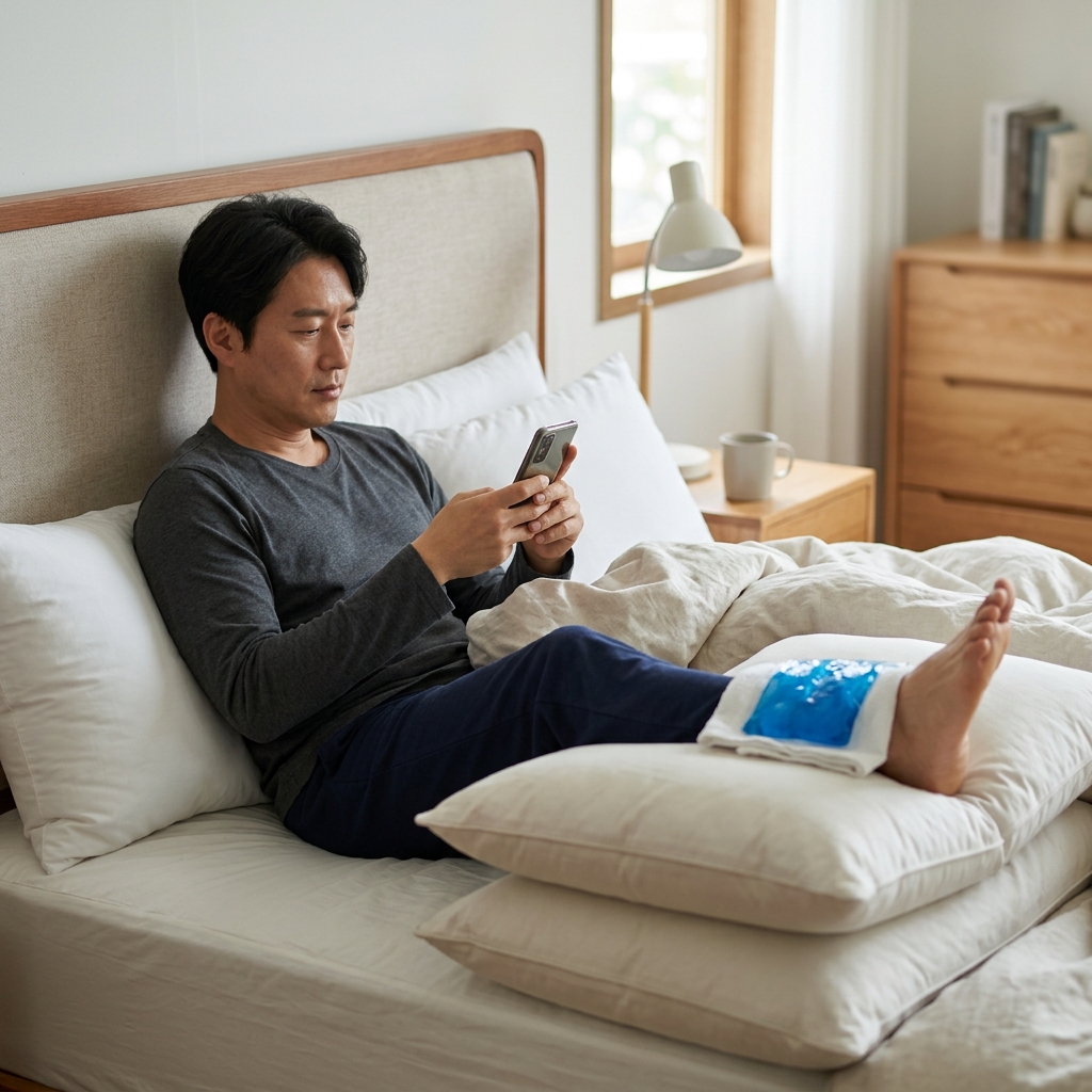 40대 남성이 침대에 누워 발목에 얼음팩을 대고 다리를 베개 위에 올려놓은 모습, 실내 조명과 침대 헤드보드가 보이는 장면