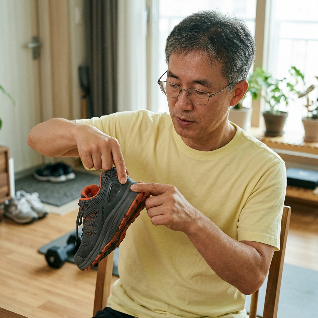 50대 성인이 실내에서 운동화 뒤축을 손가락으로 눌러보며 단단함을 확인하는 장면, 밝은 색 반팔 티셔츠 착용
