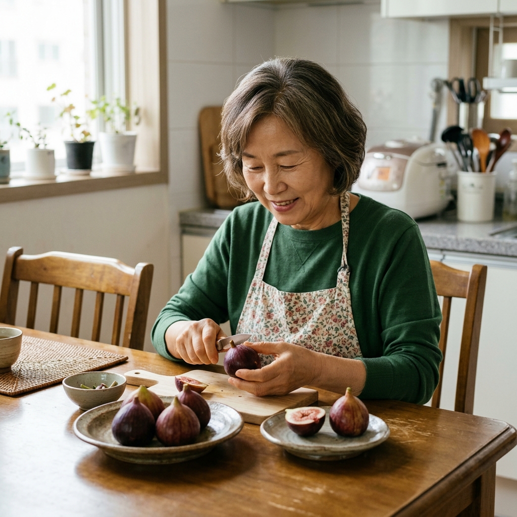 70대 중장년층이 주방 식탁에서 무화과 꼭지를 잘라내고 생과 한두 개를 접시에 담는 모습