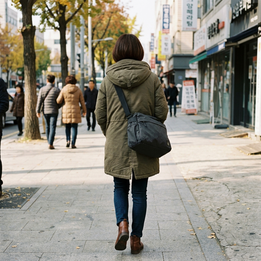 한쪽 어깨에 숄더백을 걸친 채 두꺼운 코트를 입고 걷는 30대 여성의 뒷모습, 어깨 한쪽이 위로 올라간 자세