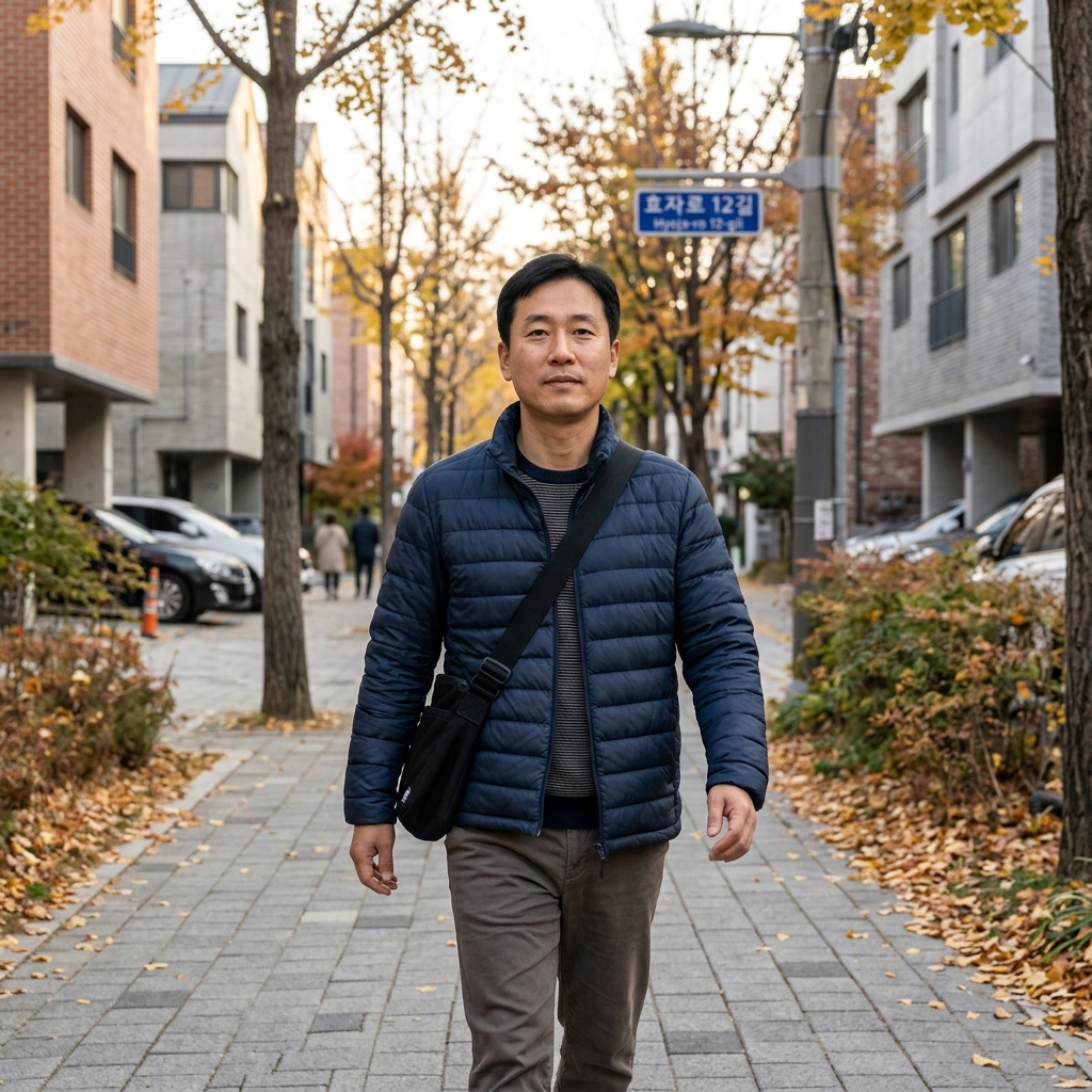 가벼운 다운 재킷을 입고 크로스백을 대각선으로 멘 40대 남성이 목과 어깨를 편안히 펴고 걷는 모습