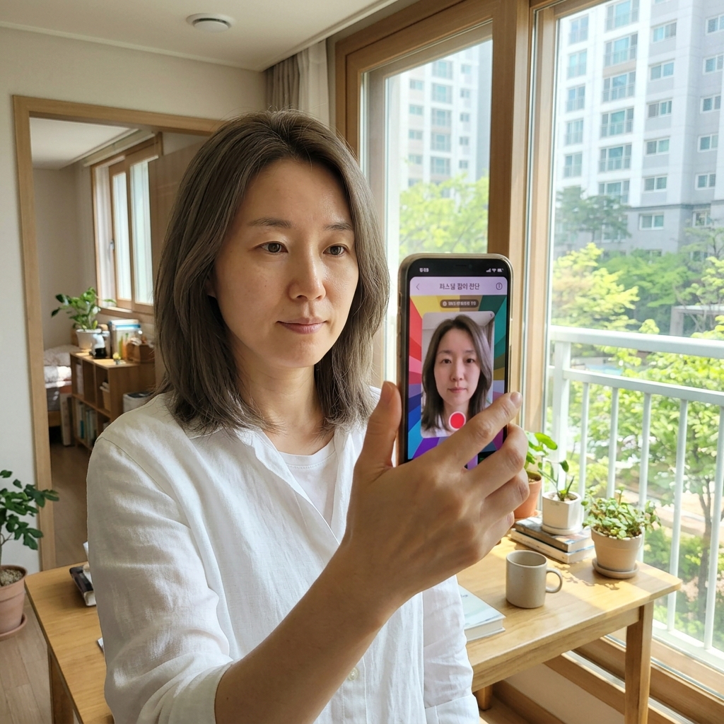 창가 자연광 아래에서 민낯 상태로 스마트폰 카메라를 정면으로 보며 퍼스널 컬러 진단 앱을 실행하는 30대 여성의 모습, 얇은 흰색 반팔 셔츠 착용