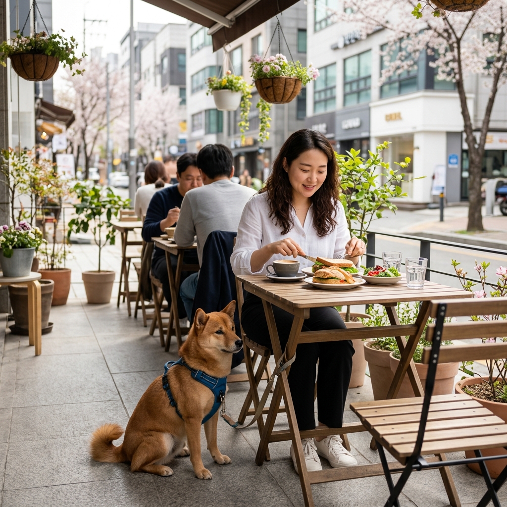 테라스 좌석에서 목줄로 고정된 반려견과 보호자가 식사하는 모습, 봄철 야외 배경
