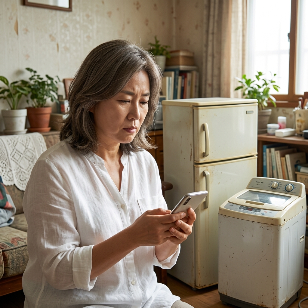거실에 놓인 낡은 냉장고와 세탁기 옆에서 스마트폰으로 무상수거 신청 화면을 보고 있는 중년 여성
