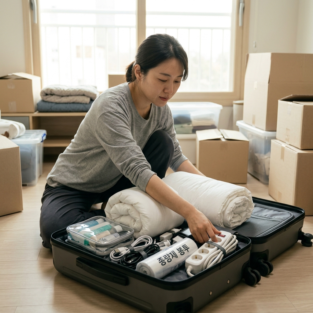 여행용 캐리어 하나에 이불, 세면도구, 충전기, 종량제 봉투, 멀티탭을 깔끔하게 정리해 놓은 이사 첫날 비상상자 패킹 장면