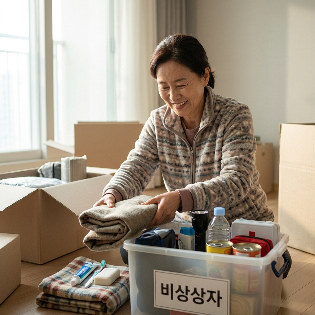 새 집 방 바닥에 펼쳐놓은 비상상자 속 이불과 세면도구를 꺼내며 안도하는 표정의 중장년 여성