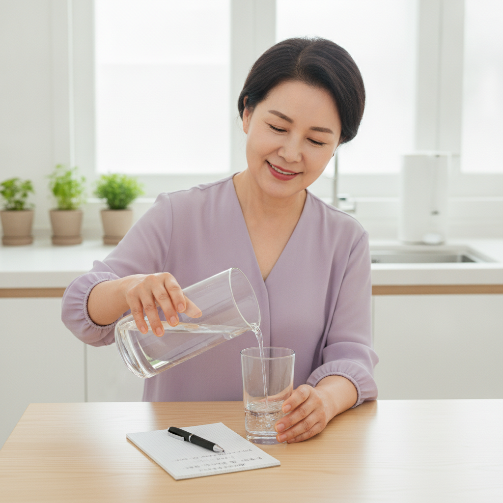 투명 유리컵에 물을 따르며 메모지에 수분 섭취량을 기록하는 연보라색 블라우스를 입은 65세 여성