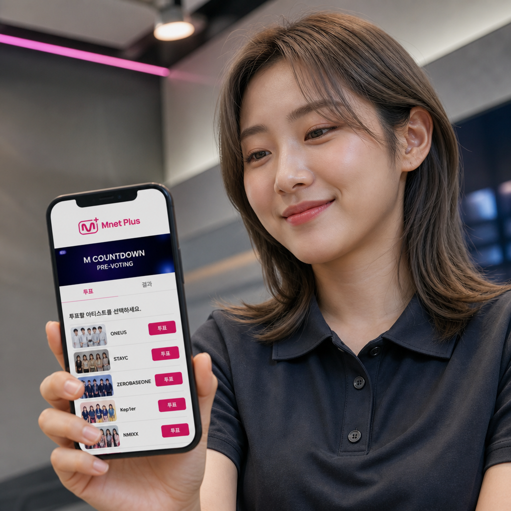 스마트폰 화면에 표시된 Mnet Plus 앱과 투표 화면